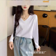 2025新款V领长袖T恤女宽松显瘦白色打底衫春秋内搭纯棉上衣秋装潮