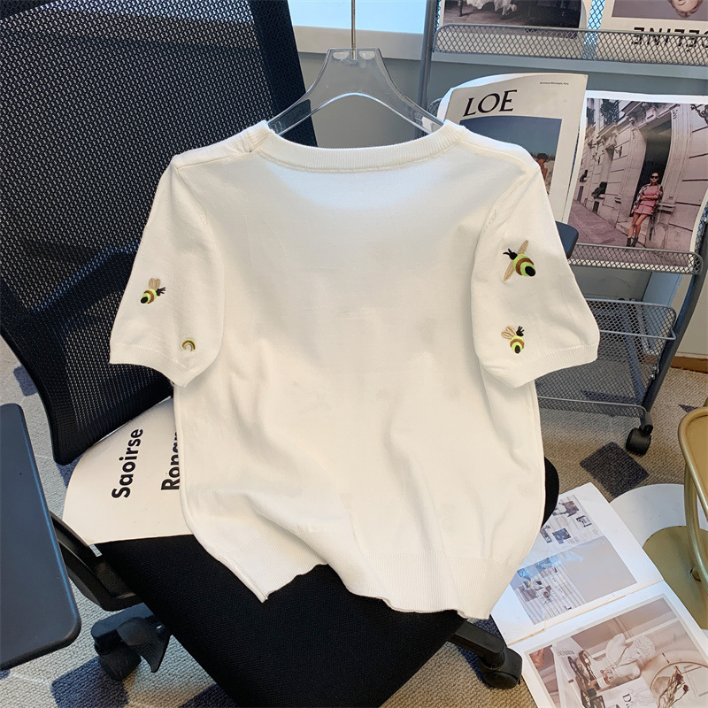 夏のヘビーウェイト刺繍アイスシルク半袖Tシャツレディースセーターラウンドネックファッショナブルなルーズスリミングデザイントップトレンディ|undefined