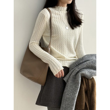 言双 纯色半高领镂空蕾丝针织衫女 秋冬软糯百搭显瘦打底上衣P312