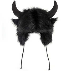 新款男女冬季创意大黑牛角毛帽保暖护耳朵防风防寒东北骑车牛头帽