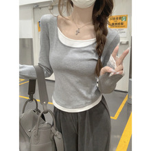 美式2025秋冬韩版修身撞色假两件设计感百搭长袖打底T恤女装上衣