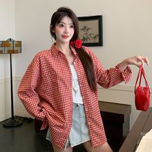 春夏红色格子纯棉衬衫女韩版百搭宽松开衫衬衣甜美设计感叠穿上衣