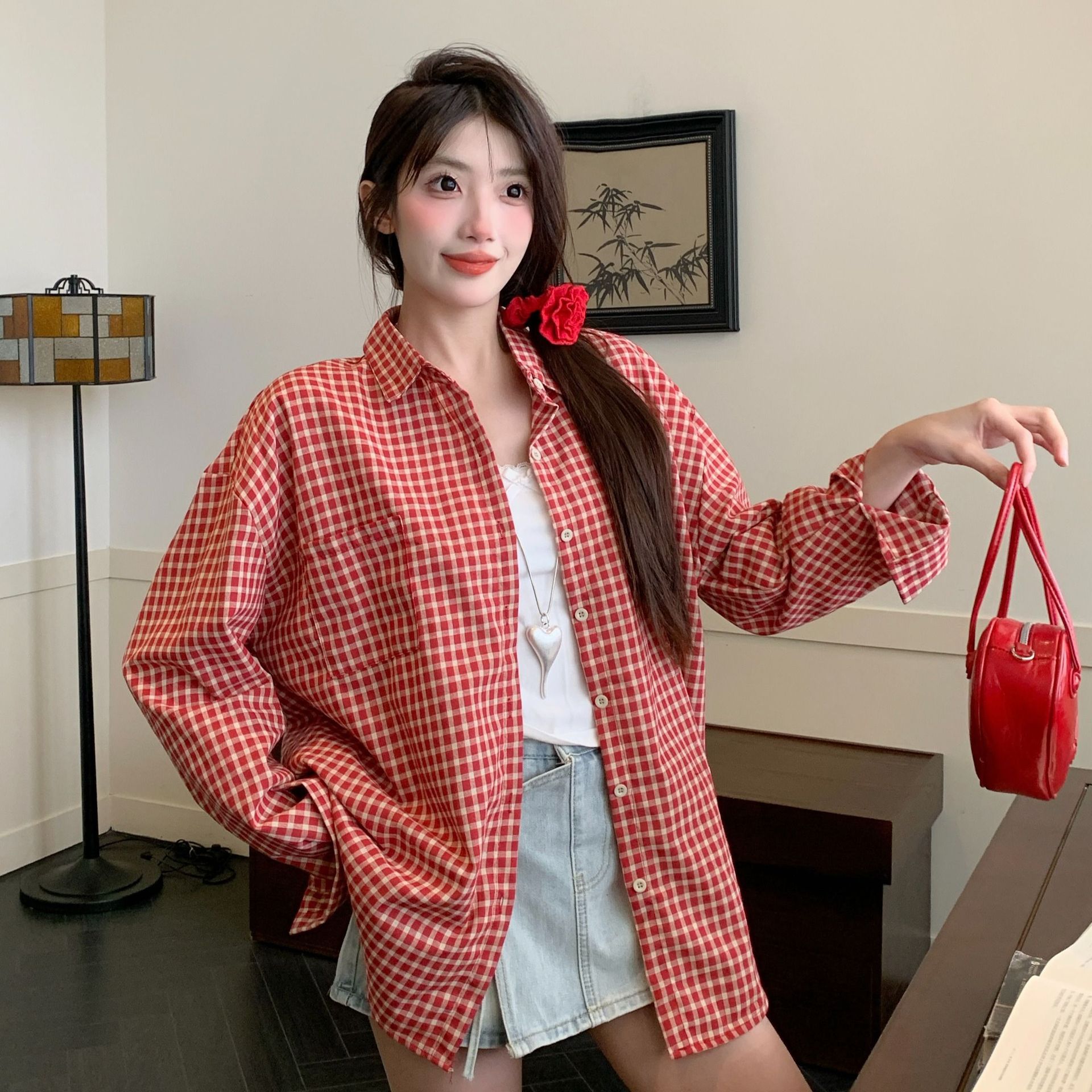 春夏红色格子纯棉衬衫女韩版百搭宽松开衫衬衣甜美设计感叠穿上衣