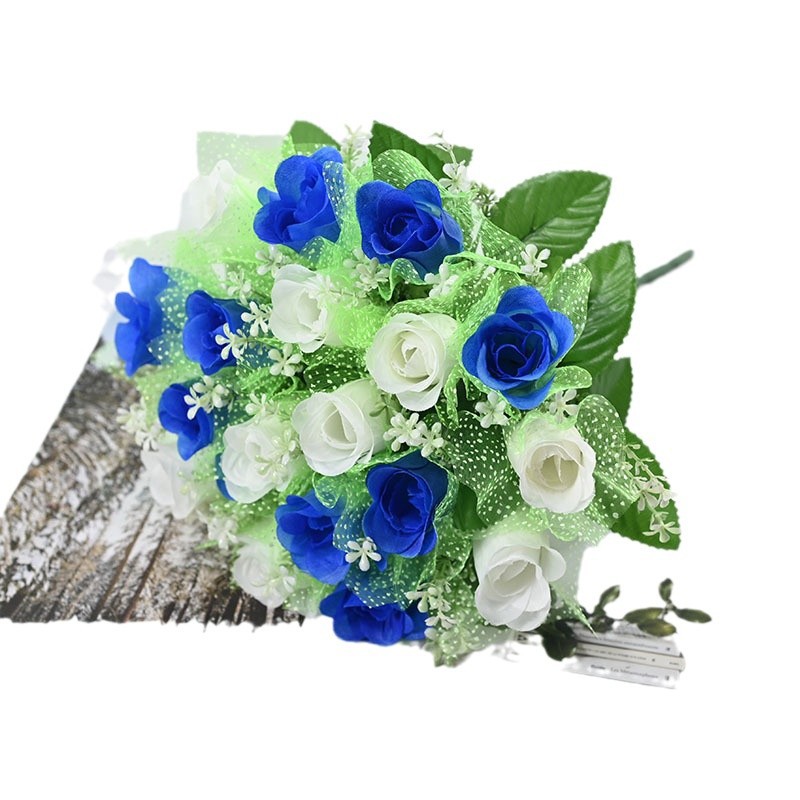 Fuente de fábrica de pantalla de fotos flores de simulación transfronteriza rosa 18 cabezas con hilo de cabeza plana decoración de bodas de hotel ramo de flores falsas