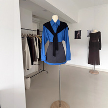 新款时尚减龄蓝色长袖衬衫+半身裙两件套装配披肩