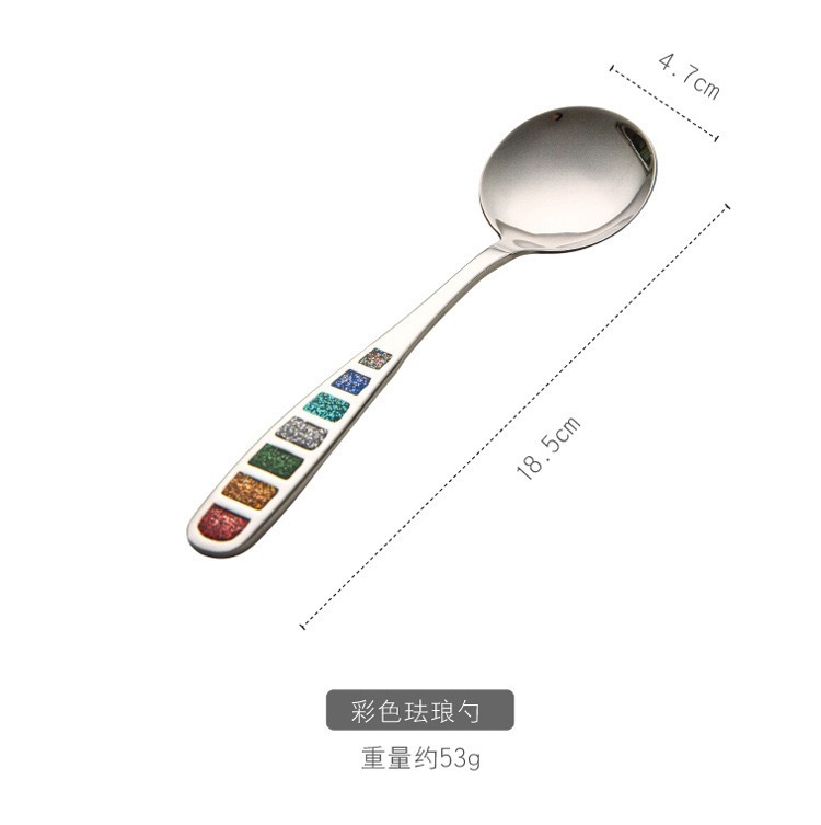 汤勺304不锈钢珐琅柄汤勺饭勺轻奢调羹圆头勺甜品勺西餐勺水果勺|undefined