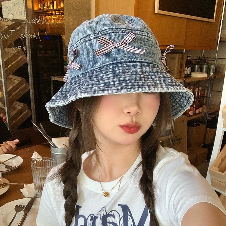 Japón retro arco vaquero sombrero pescador mujer dulce encantador versátil sombrero de bañera de protección solar grande alrededor de la cabeza muestra cara pequeña