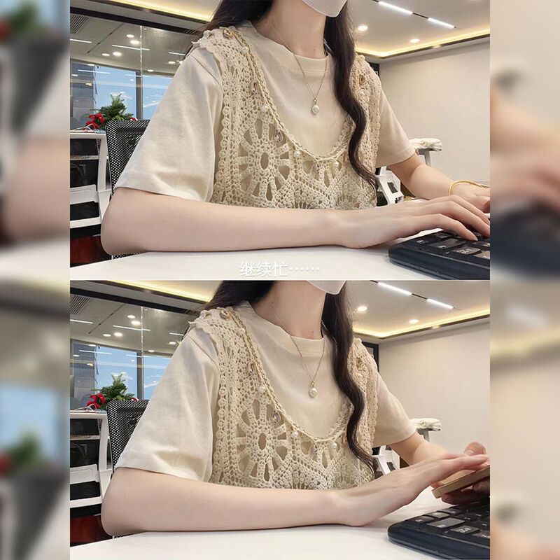 Apricot Bohemian Style Cut Out Vest Short-Sleeved T-Shirt Two-Piece Set for Women 2025 New Summer Design Tops Apricot Bohemian Style Cut Out Vest Short-Sleeved T-Shirt Two-Piece Set for Women 2025 New Summer Design Tops