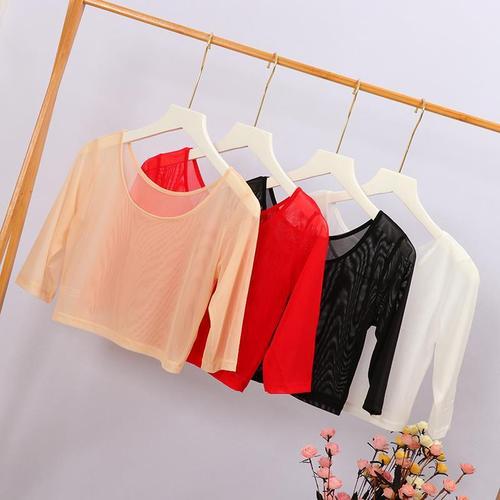 Sheer mesh base shirt, half-length gauze dress for summer—stylish, form-fitting, mid-sleeve, short-length top for layering.