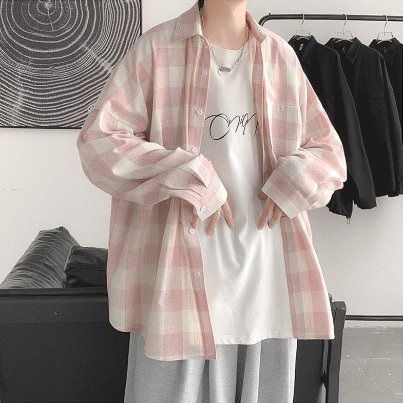 Camisa a cuadros de los hombres ins Hong Kong estilo japonés celebridad en línea Pu Shuai top estilo coreano moda guapo suelta camisa de manga larga hombres