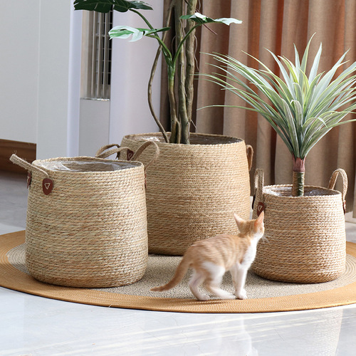 Simple rattan flower pot, woven straw flower basket, round floor-standing potted green plant, large set of pots for living room, breathable