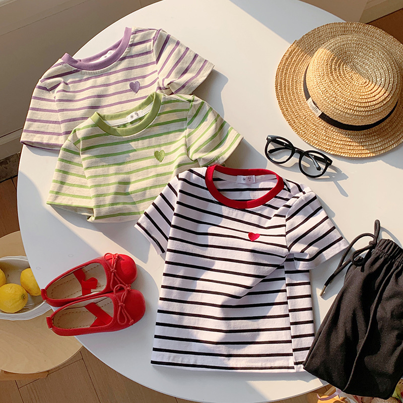Summer New Cotton Short-Sleeve Children's Striped Cartoon Print T-Shirt for Boys and Girls, Trendy Base Shirt
