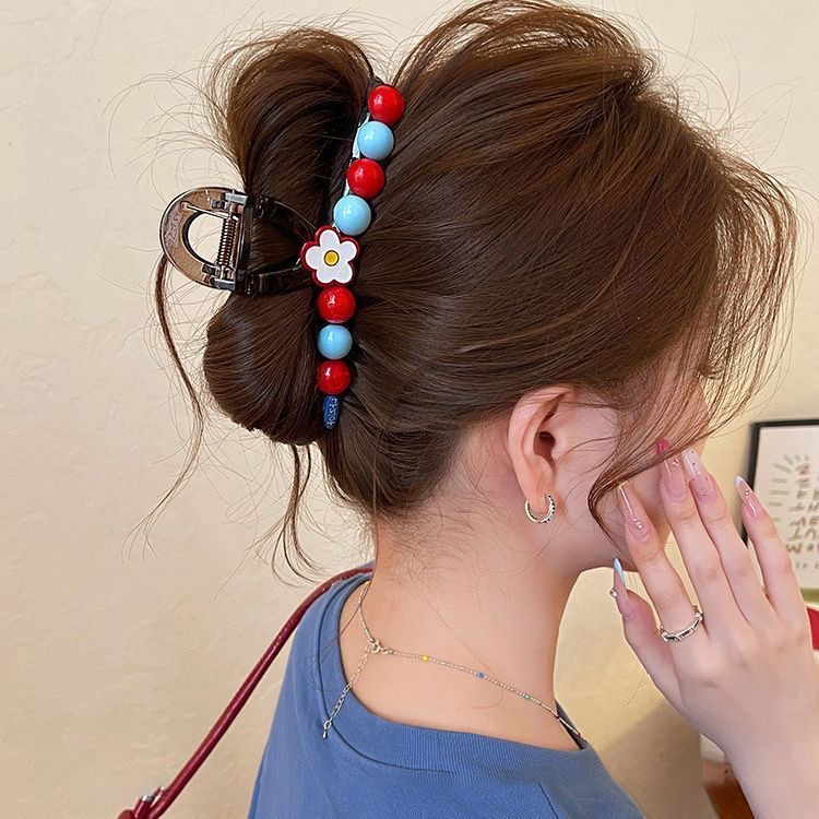 63# red and blue color block beaded flower hair claw clip - approximately 13cm