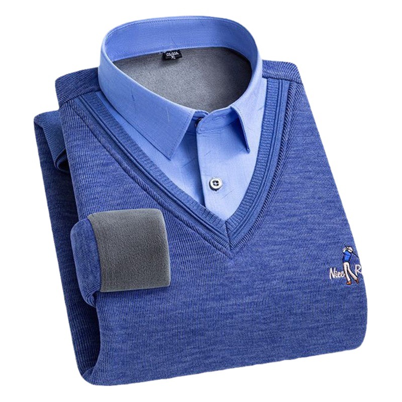 Autumn and Winter New Fleece-lined Thickened Men's Fake Two-piece Shirt Collar Embroidered Sweater Knitted Sweater Pullover Warm Top