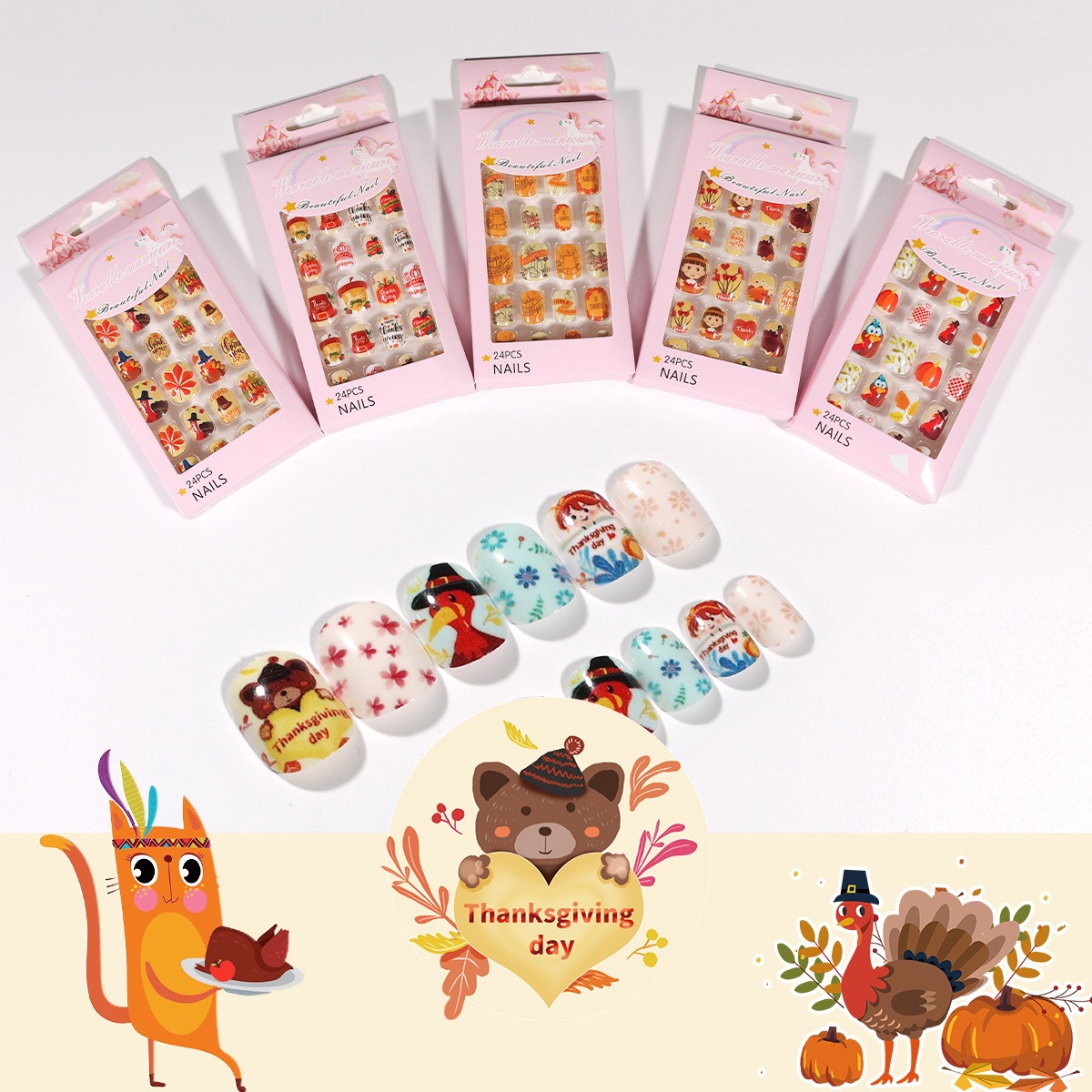 Los niños usan uñas lindo Acción de Gracias hoja de arce Turquía divertido pieza de uñas para niños uñas falsas pieza de uñas terminada