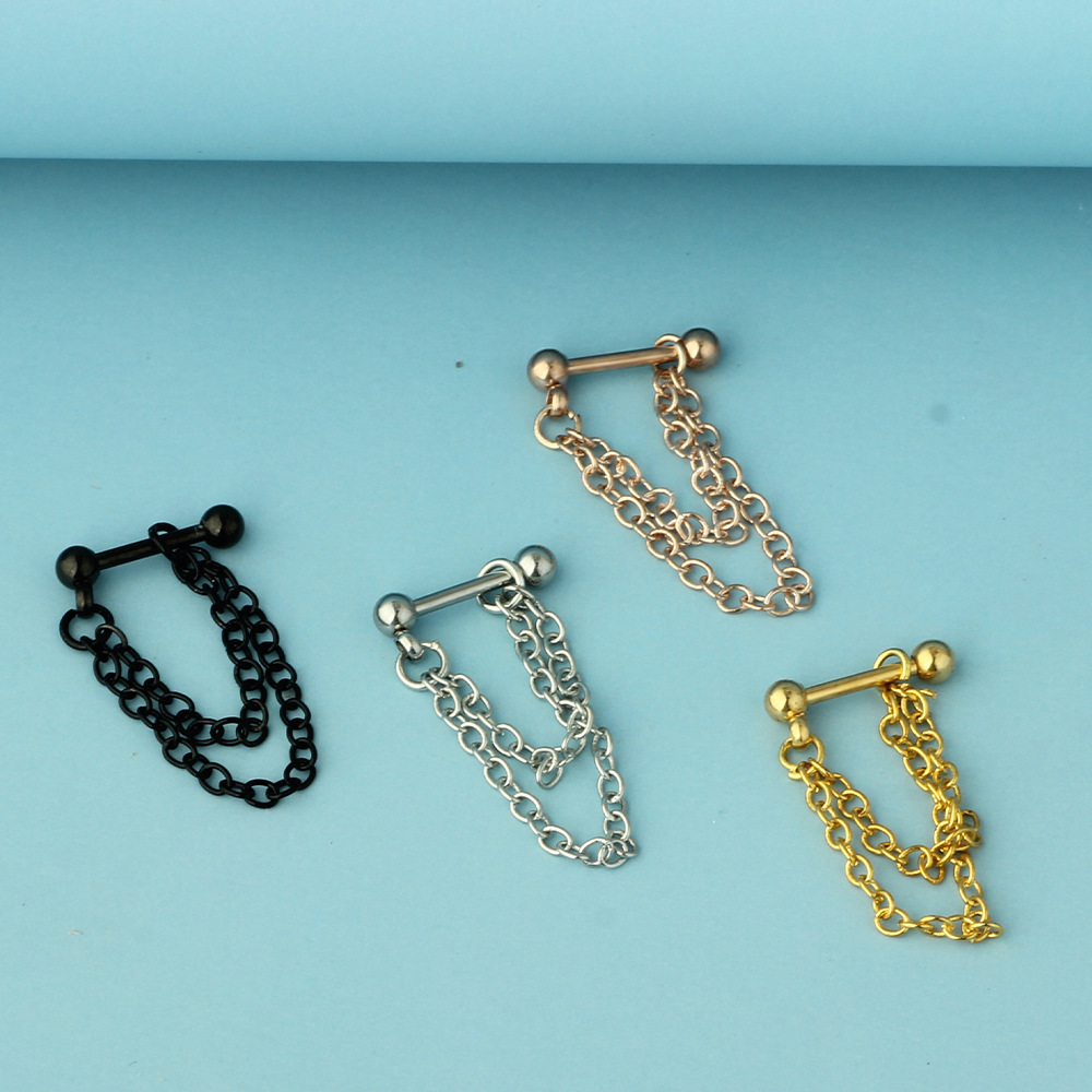 Double Chain Ear Bone Nail Titanium Steel Earring - Gold Flower Design for Women detail image 7