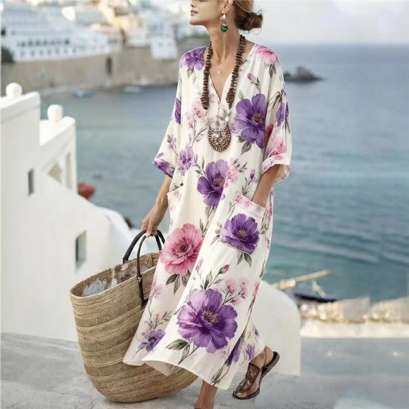 European and American Cross-Border Bohemian Exotic Resort Style 3D Printed Dress Spring New Style Kaftan Long Dress European and American Cross-Border Bohemian Exotic Resort Style 3D Printed Dress Spring New Style Kaftan Long Dress