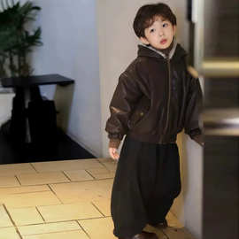 男童皮毛领夹克两面穿外套儿童冬季加绒保暖复古风连帽拉链皮衣潮