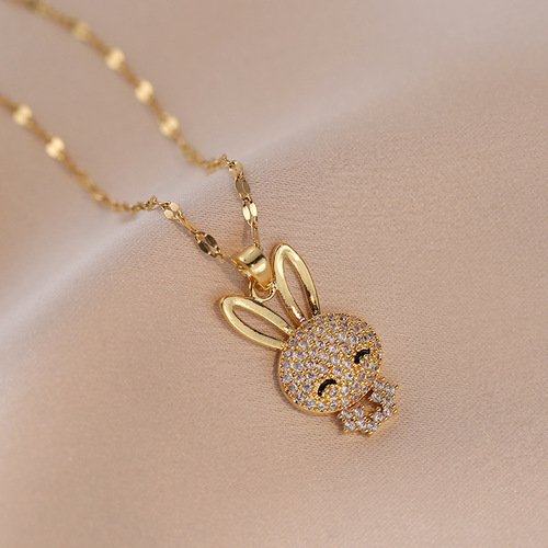 Gemstone Rabbit Necklace Live Stream Unique Design Light Luxury Fully Diamond Micro pave Copper Plated Real Gold Pendant Instagram Necklace