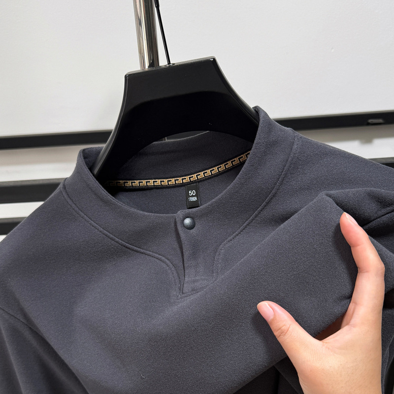 2025 Autumn/Winter Button Henley Collar Base Shirt for Men, Double-Sided German Velvet Brushed T-Shirt, Slim Fit Warm Inner Layer Top