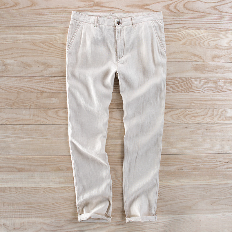 2018 New Men's Casual Linen Trousers Solid Color Breathable Youth Belted Pants Wholesale