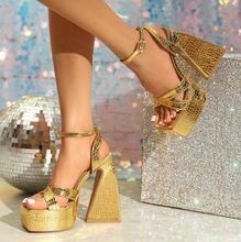 跨境2024欧美外贸新款女鞋防水台粗高跟一字带金色凉鞋女ylu2403