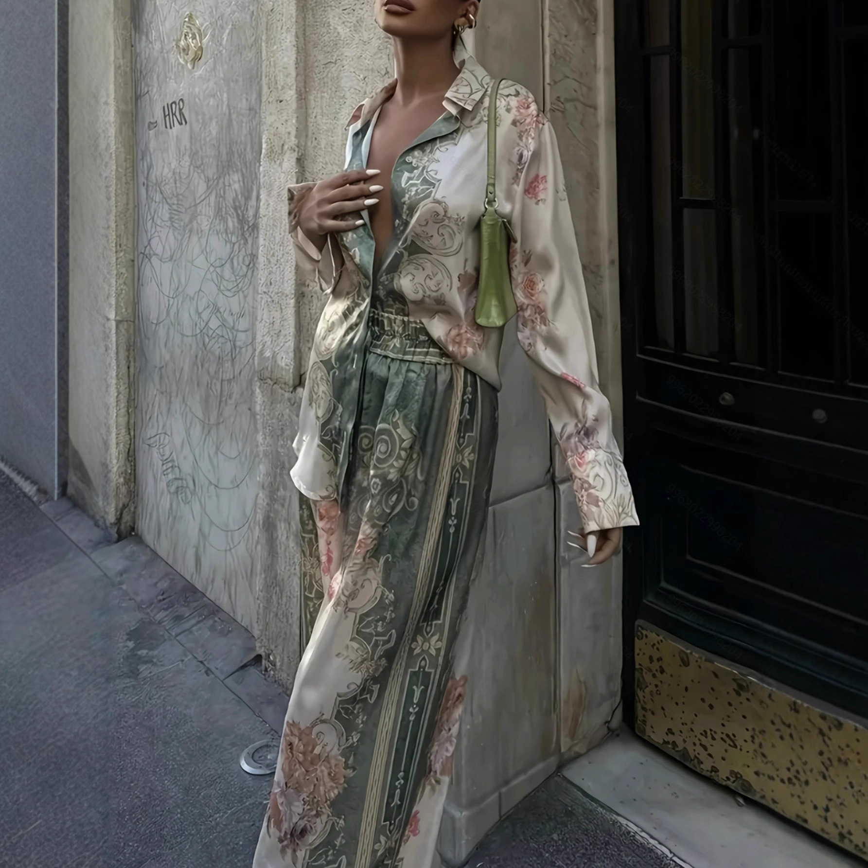 In-stock European American Cross-border New Printed, Women's Commuter Wear, Long-sleeve Shirt And Straight-leg Pants_ecoleips.com