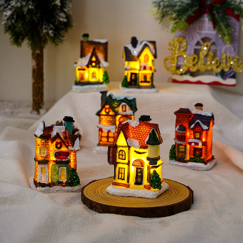 Miniature resin house decorations, micro landscape LED models, battery‑powered, assorted sizes 7–10 cm