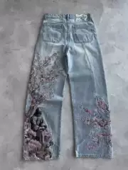 European and American Cross-Border Retro Heavy Floral Embroidery Wide-Leg Jeans for Men and Women High Street High-Waisted Fashion Street Pants