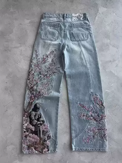 European and American Cross-Border Retro Heavy Floral Embroidery Wide-Leg Jeans for Men and Women High Street High-Waisted Fashion Street Pants