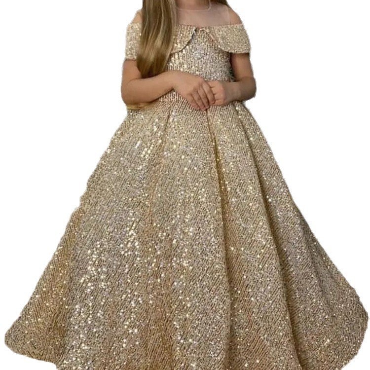 Mother & Kids Children's Sequined Tutu Skirt Off-Shoulder Princess Dress Catwalk Performance Outfit Flower Girl Hostess Birthday Dress_voghion.com