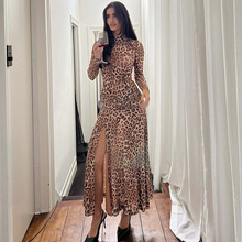 欧美女装2025秋季新款独立站修身包臀印花豹纹长袖长款连衣裙女