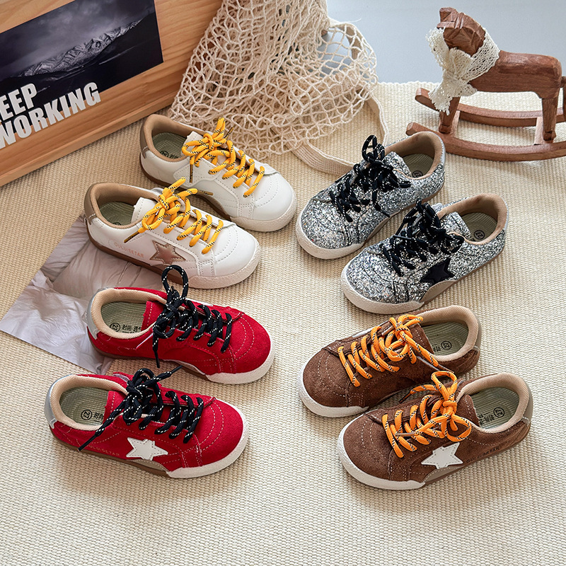 2025 Autumn Fashion Sequin Children's Star Sneakers 3-12 Years Old Boys Soft Sole Casual Shoes Retro Sports Shoes