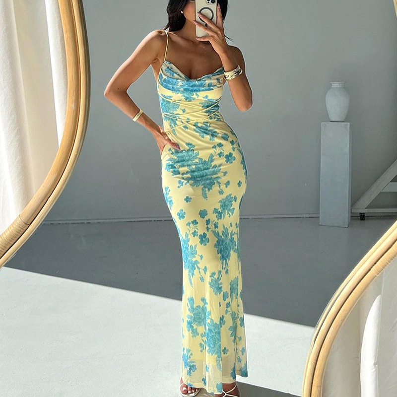 Amazon 2025 primavera nueva ropa de mujer europea y americana temperamento sexy bolso con cordones falda a la cadera vestido delgado floral image 8
