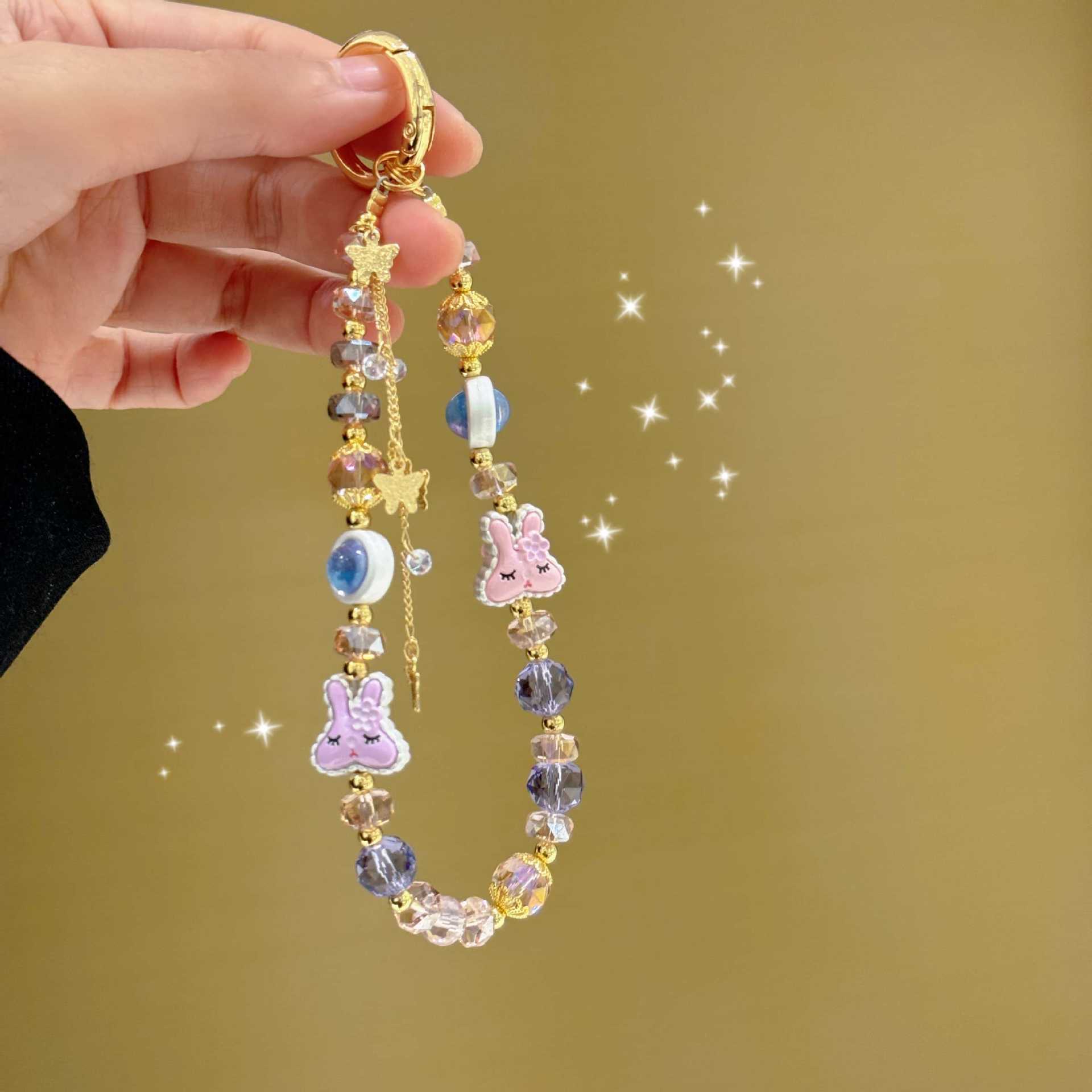 Hecha a mano y de alta calidad, colgante de teléfono móvil, pulsera de mariposa de conejo, pulsera de moda, colgante de teléfono móvil corto, pulsera corta