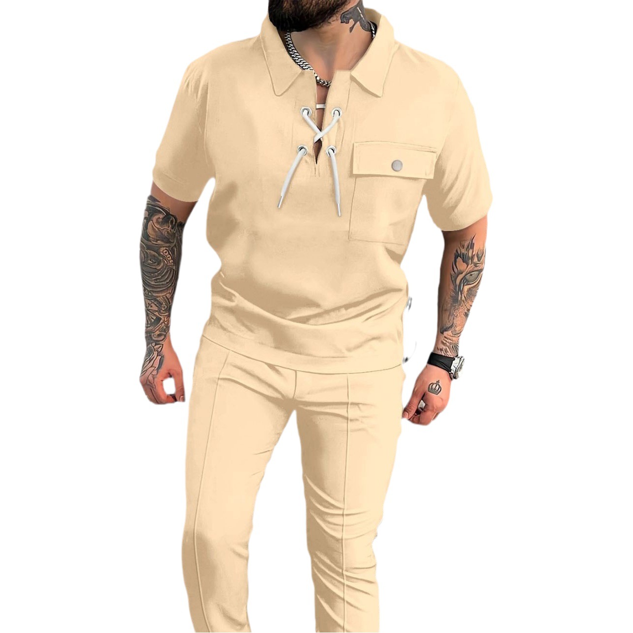 Otoño Amazon AliExpress europeo y americano transfronterizo hombres camisa casual manga corta Camiseta + Pantalones hip hop traje de personalidad