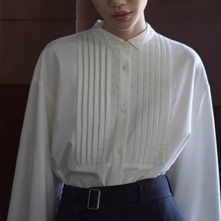 Retro Style Small Lapel Exquisite Tuck-Stitch Placket Classic H-Shaped Slimming Commuter Shirt for Women