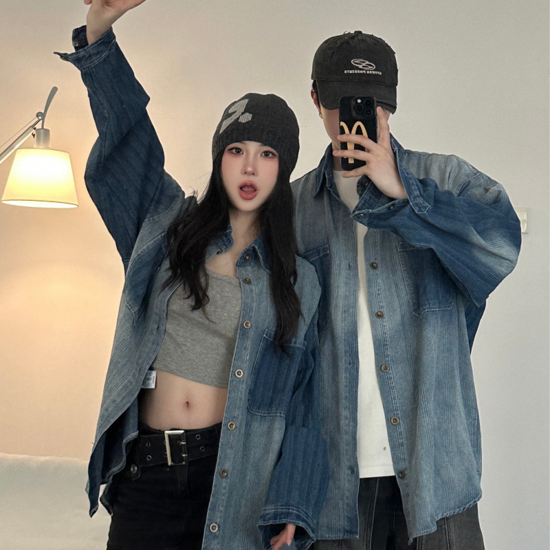 커플 데님 봄과 가을 남성과 여성의 긴 소매 셔츠 느슨한 코트 2024 머리카락