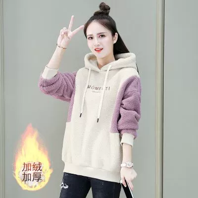 Трансграничная внешняя торговля модная овечья шерсть свитер женский осень-зима новая корейская версия сшитого пальто с капюшоном с бархатом толстый топ