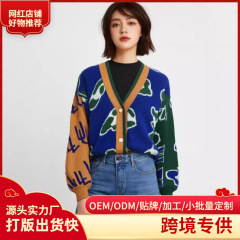 2025秋冬新款外套复古撞色拼接v领开衫针织衫女士提花宽松毛衣