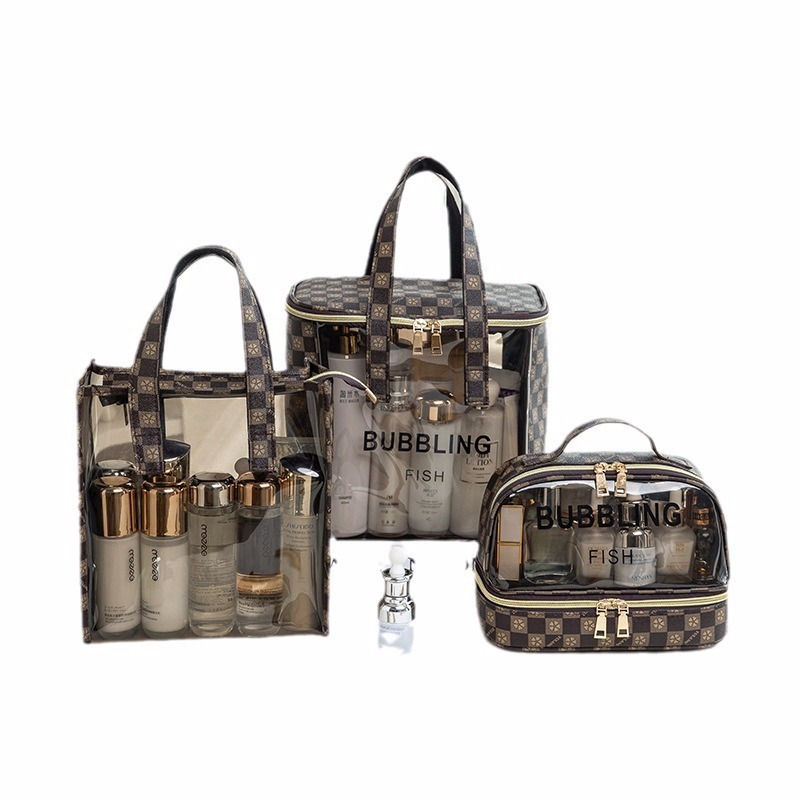 La nueva bolsa de cosméticos de alta calidad de gran capacidad, un lote de bolsa de almacenamiento transparente impermeable de PU, bolsa de lavado de almacenamiento de viaje