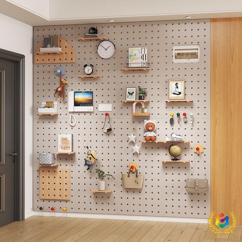 实木洞洞板墙面整板置物架客厅壁挂隔板收纳架背景墙简约木质书架