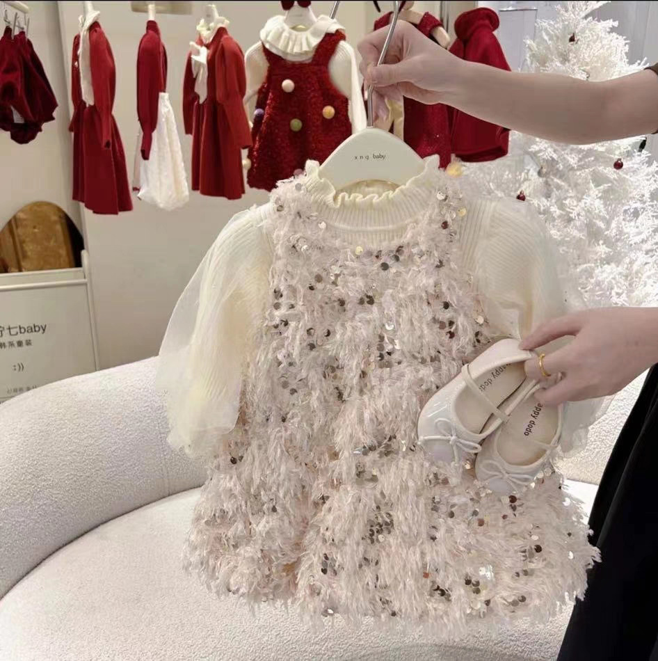 [Temperamento] Vestido de chaleco de temperamento de niña Vestido de chaleco acolchado de cumpleaños festivo con lentejuelas Nueva falda de estilo occidental