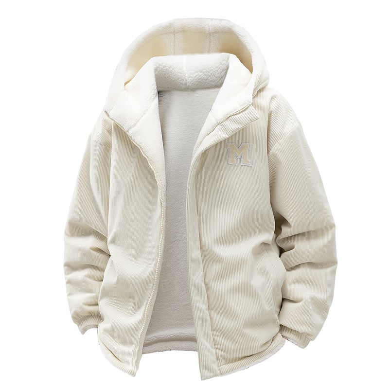 Corduroy Hooded Padded Jacket For Men And Women Thickened Padded Jacket Fleece Couple Padded Jacket_viptrois.com