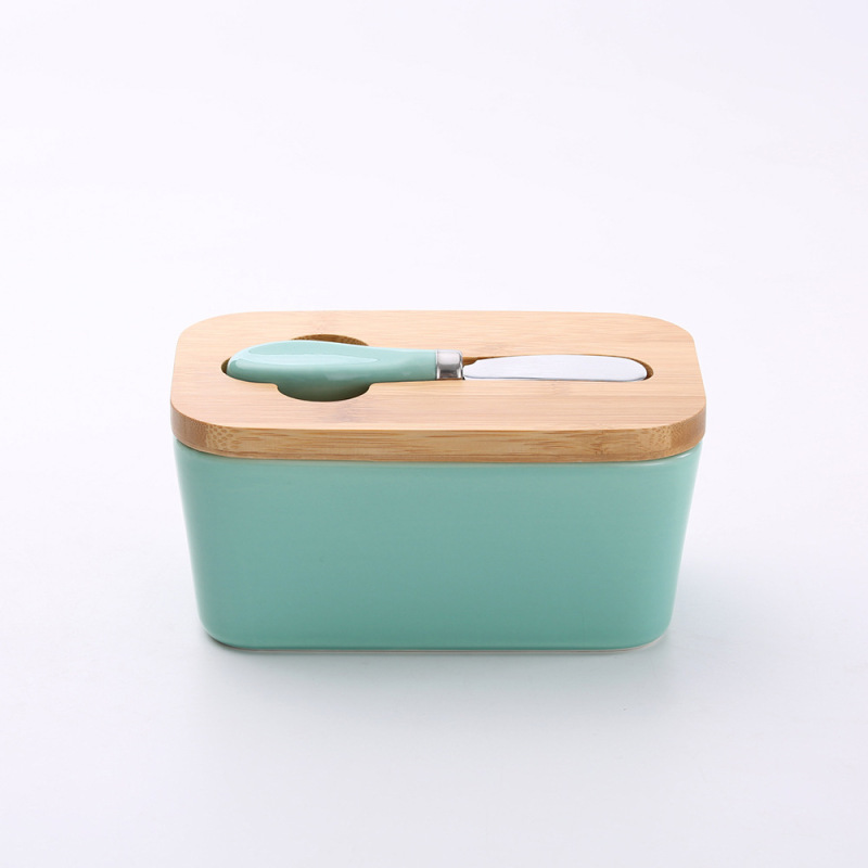 長方形の陶磁器のバターの箱の密封の缶の牛油の箱の竹の蓋はナイフの洋式の家庭用チーズの箱のクロスボーダーのアマゾンを持ちます。|undefined