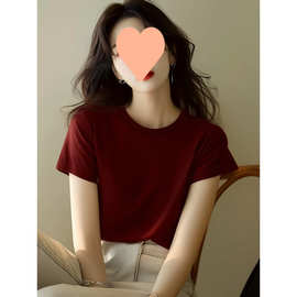 深葡萄酒红色短袖T恤女2025新款奢华高端上衣正肩休闲小香风