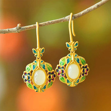 新疆和田白玉耳坠古风女款珐琅蛋面景泰金镶玉白玉耳坠镂空