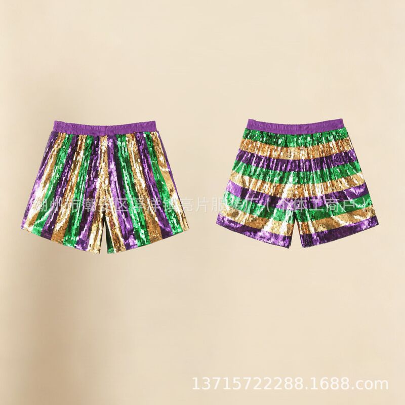 European and American Carnival Style Colorful Striped Elastic Waist Shiny Hot Pants for Bar Parties and Gatherings, Heavy Sequined Shorts
