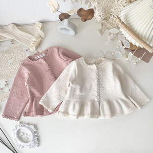 Spring Cross-border ins Baby Girl's Hand Hook Crewneck Cardigan Sweater Baby Girl's Cute Fresh A- swing Knitted Jacket