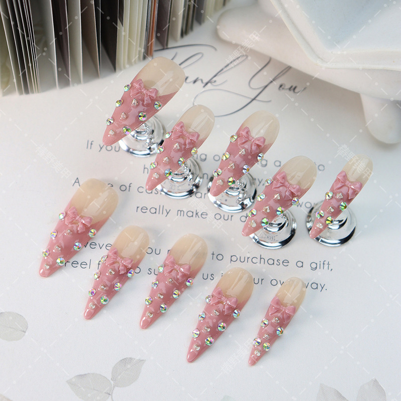 Hot-Selling Wearable Nails, Pure Handmade European and American Sweet Colored Diamond Bows, High-Positioned French Manicure Patches, Long-Pointed Manicure Patches Hot-Selling Wearable Nails, Pure Handmade European and American Sweet Colored Diamond Bows, High-Positioned French Manicure Patches, Long-Pointed Manicure Patches